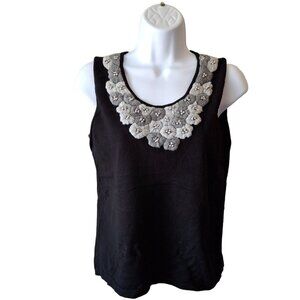 Ruby Rd Womens Sleeveless Top Black M  Embellished Floral Beaded Neck Grannycore